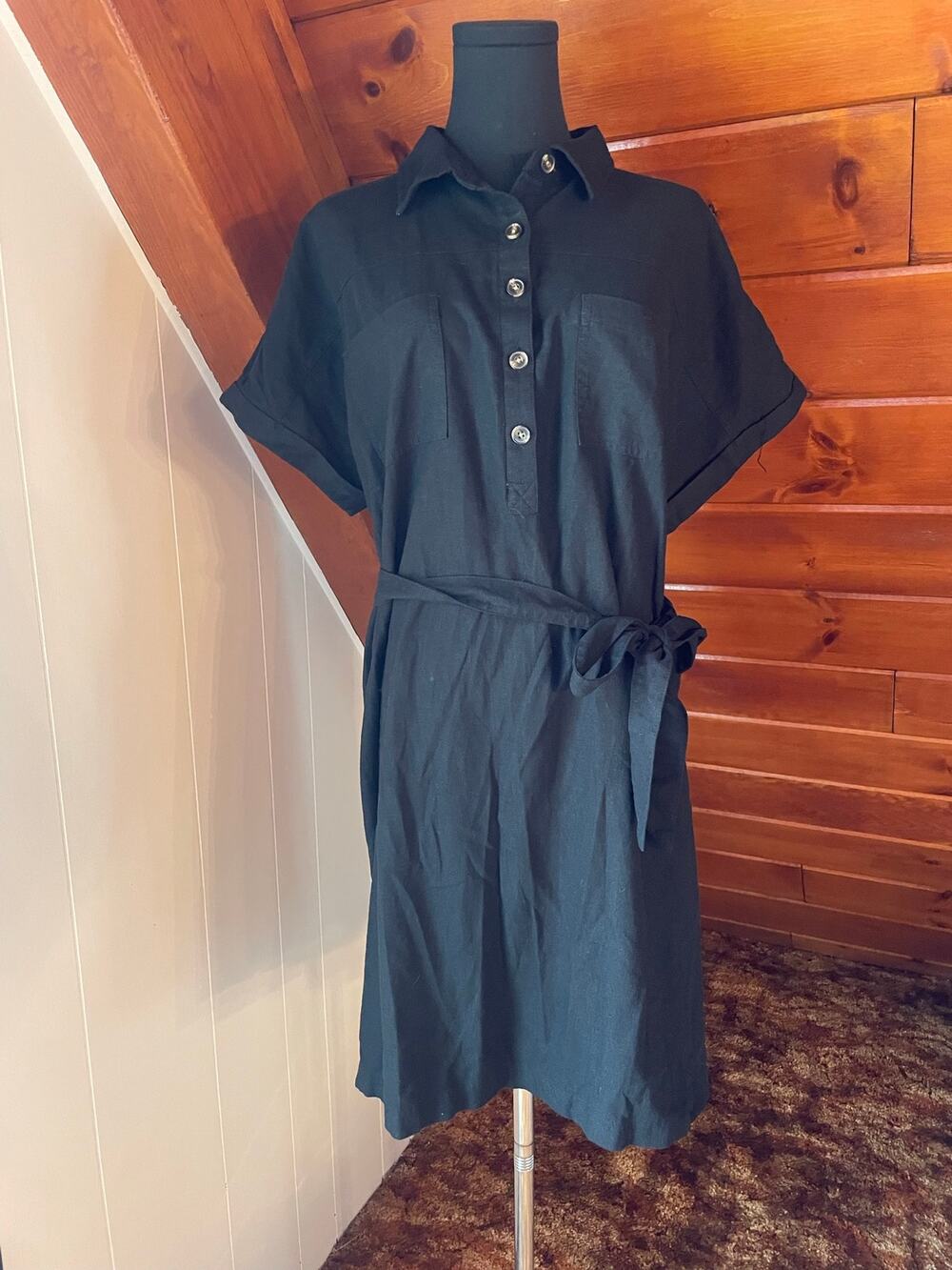 Sonoma Black Linen Blend Short Sleeve Shirt Dress sz XL